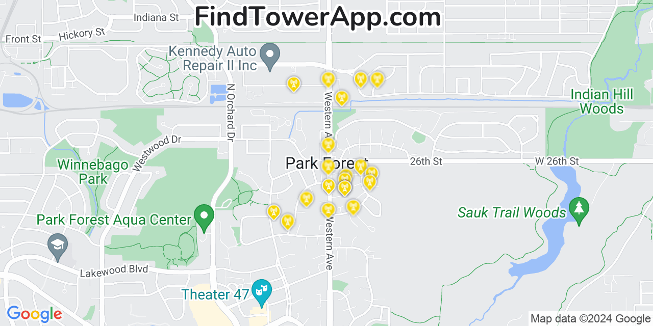 AT&T 4G/5G cell tower coverage map Park Forest, Illinois