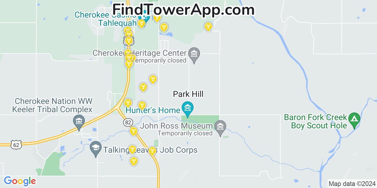AT&T 4G/5G cell tower coverage map Park Hill, Oklahoma