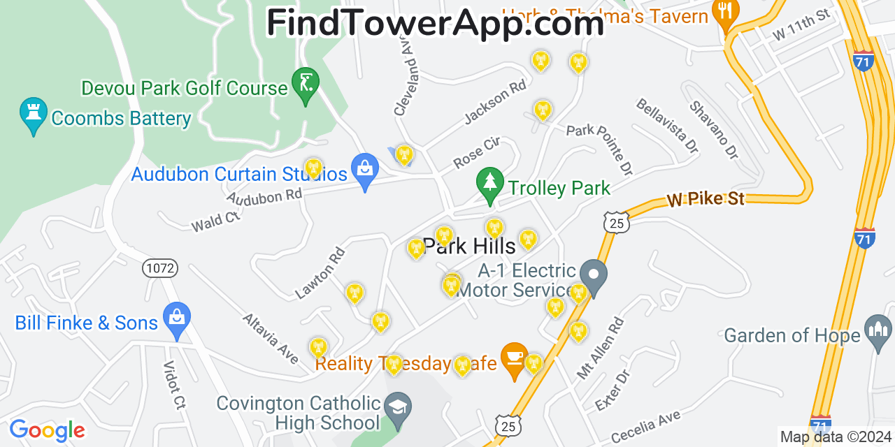 AT&T 4G/5G cell tower coverage map Park Hills, Kentucky