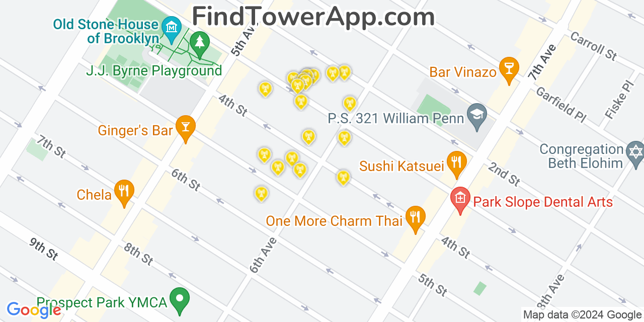 AT&T 4G/5G cell tower coverage map Park Slope, New York