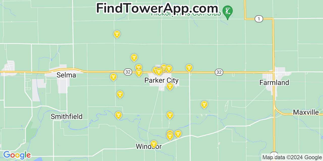 AT&T 4G/5G cell tower coverage map Parker City, Indiana
