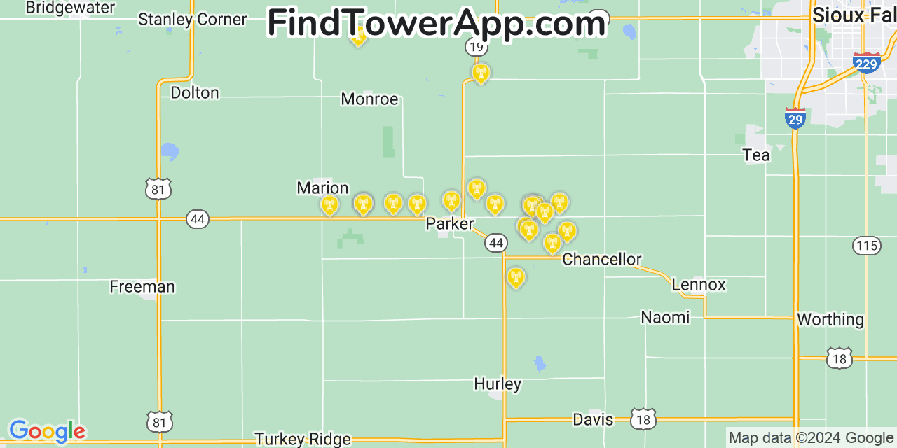 AT&T 4G/5G cell tower coverage map Parker, South Dakota