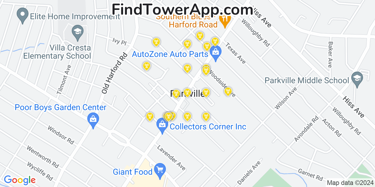 AT&T 4G/5G cell tower coverage map Parkville, Maryland