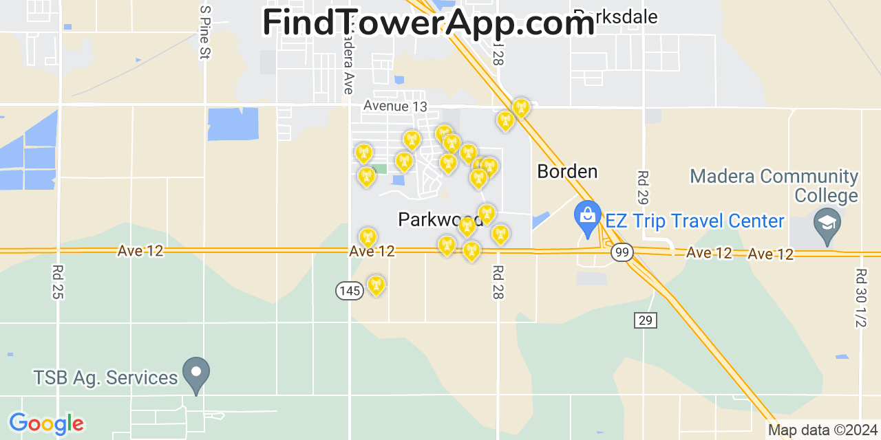 AT&T 4G/5G cell tower coverage map Parkwood, California