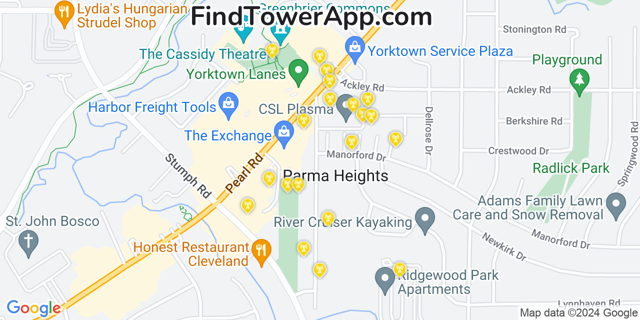 AT&T 4G/5G cell tower coverage map Parma Heights, Ohio