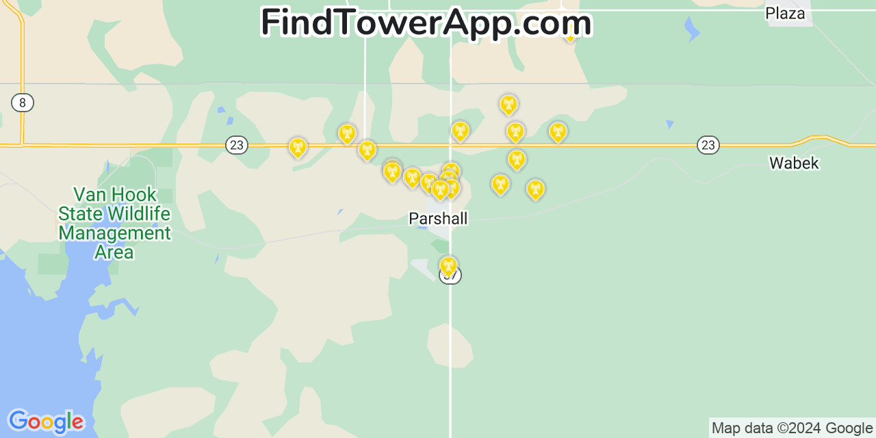 AT&T 4G/5G cell tower coverage map Parshall, North Dakota