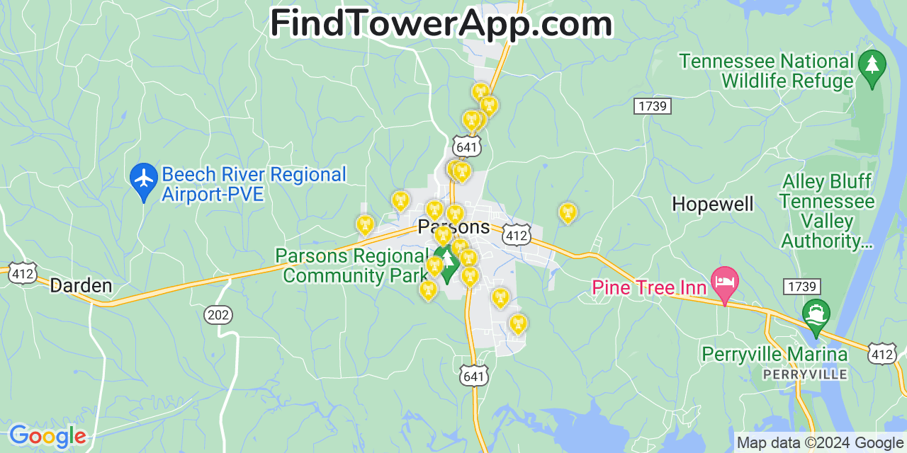 AT&T 4G/5G cell tower coverage map Parsons, Tennessee