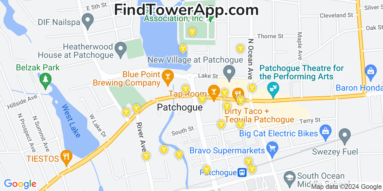 AT&T 4G/5G cell tower coverage map Patchogue, New York