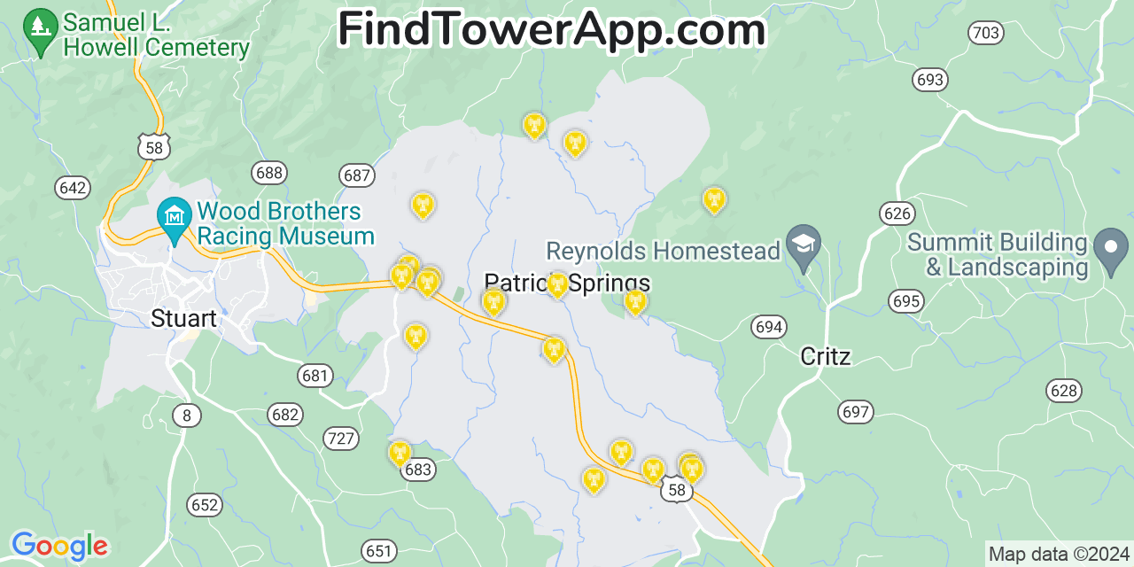AT&T 4G/5G cell tower coverage map Patrick Springs, Virginia