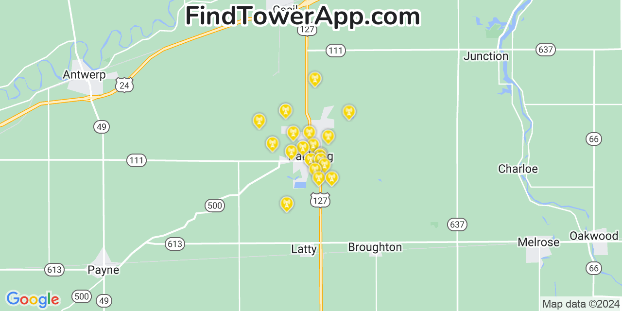 Verizon 4G/5G cell tower coverage map Paulding, Ohio