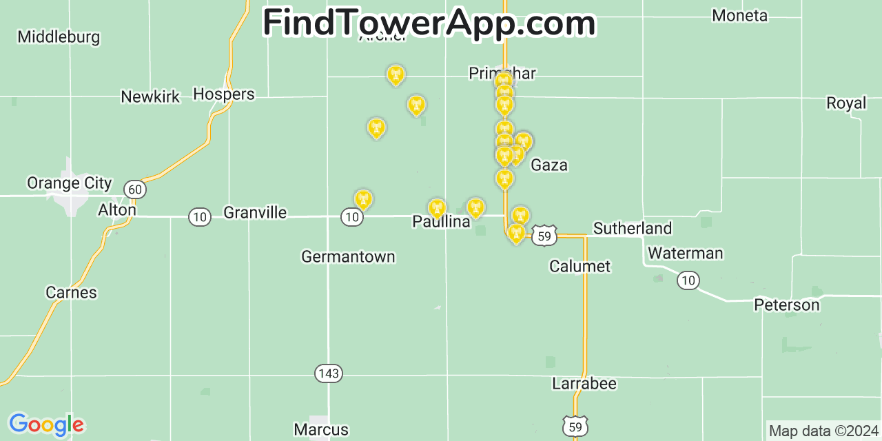 AT&T 4G/5G cell tower coverage map Paullina, Iowa