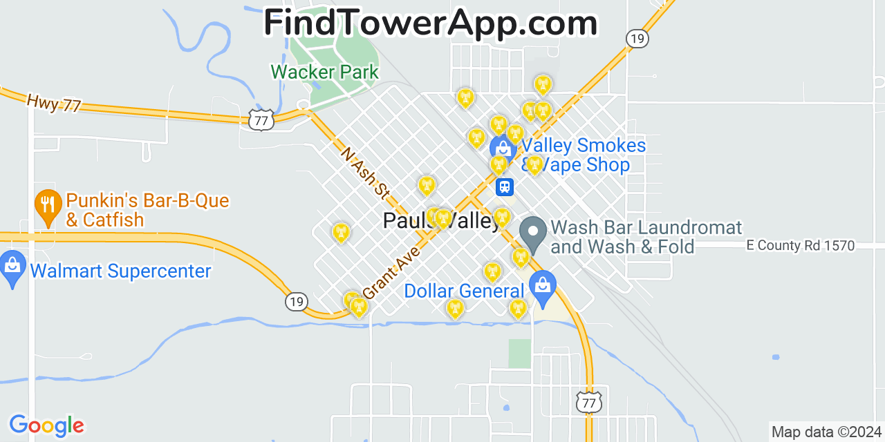 AT&T 4G/5G cell tower coverage map Pauls Valley, Oklahoma