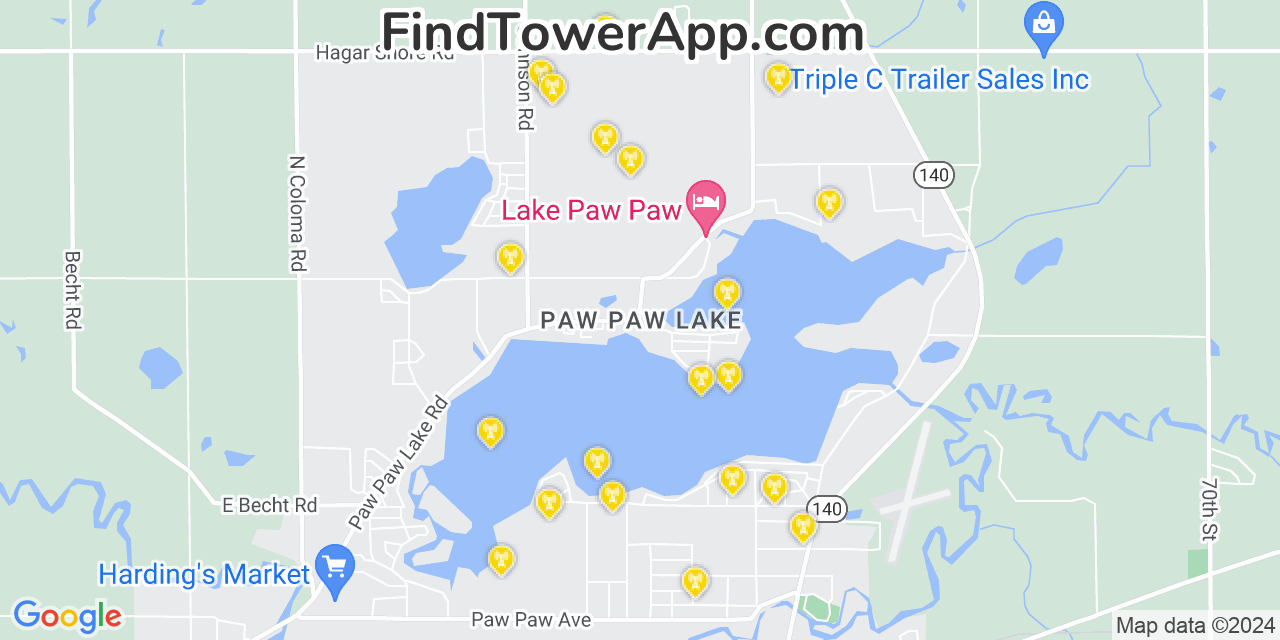 AT&T 4G/5G cell tower coverage map Paw Paw Lake, Michigan