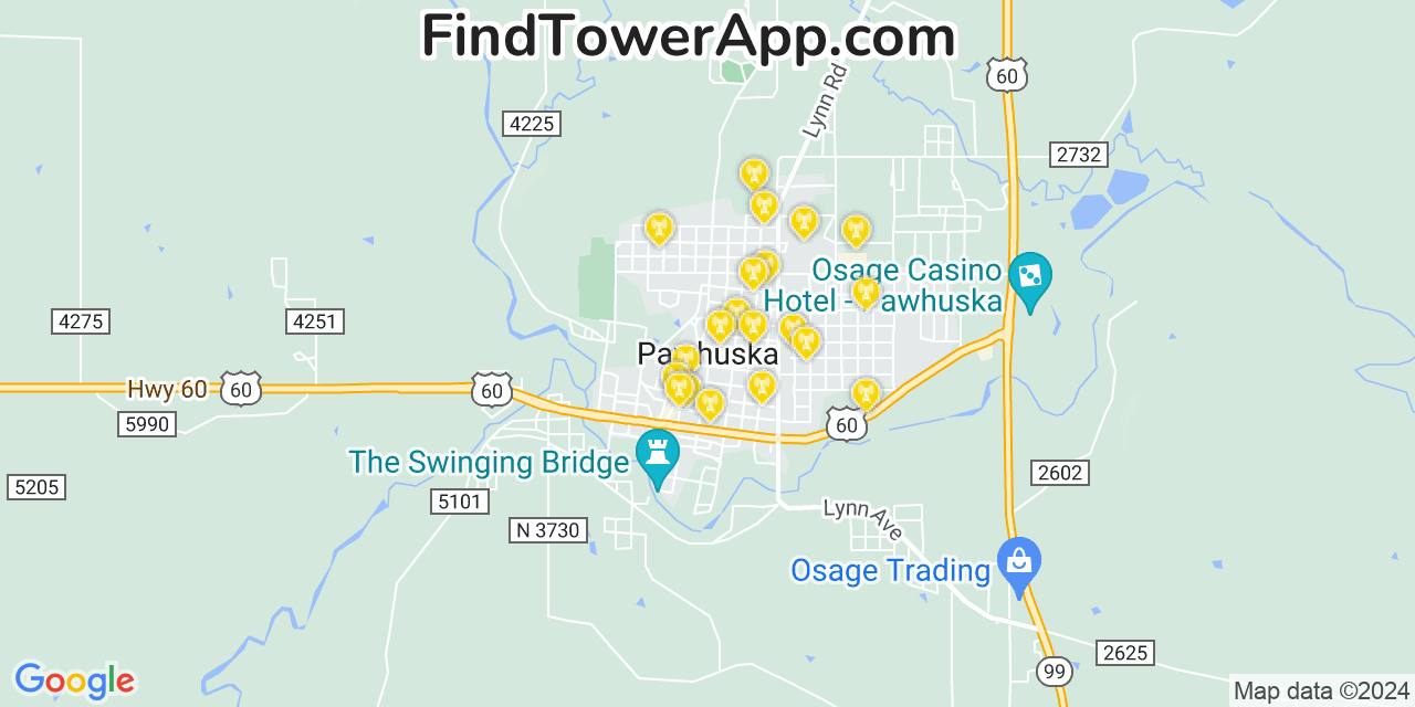AT&T 4G/5G cell tower coverage map Pawhuska, Oklahoma