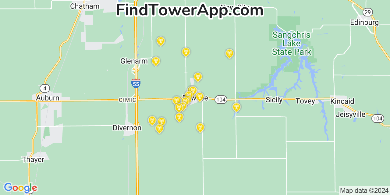 Verizon 4G/5G cell tower coverage map Pawnee, Illinois