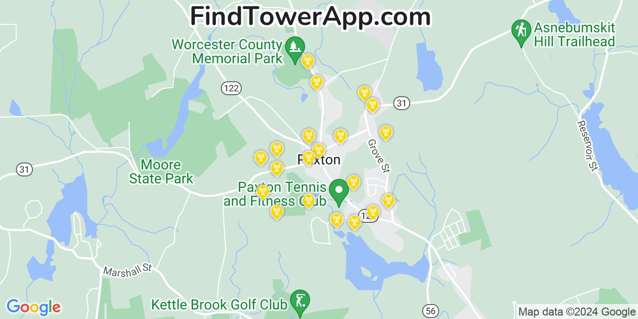 AT&T 4G/5G cell tower coverage map Paxton, Massachusetts