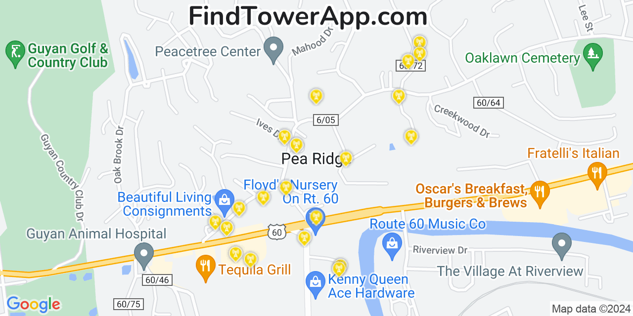 AT&T 4G/5G cell tower coverage map Pea Ridge, West Virginia