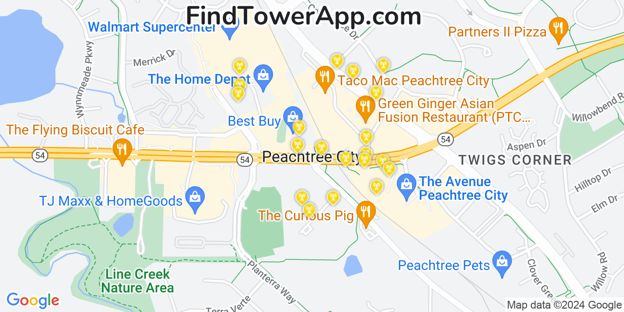 AT&T 4G/5G cell tower coverage map Peachtree City, Georgia