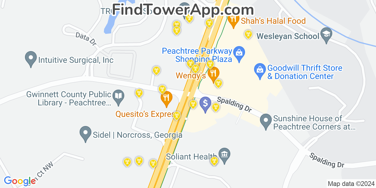 AT&T 4G/5G cell tower coverage map Peachtree Corners, Georgia