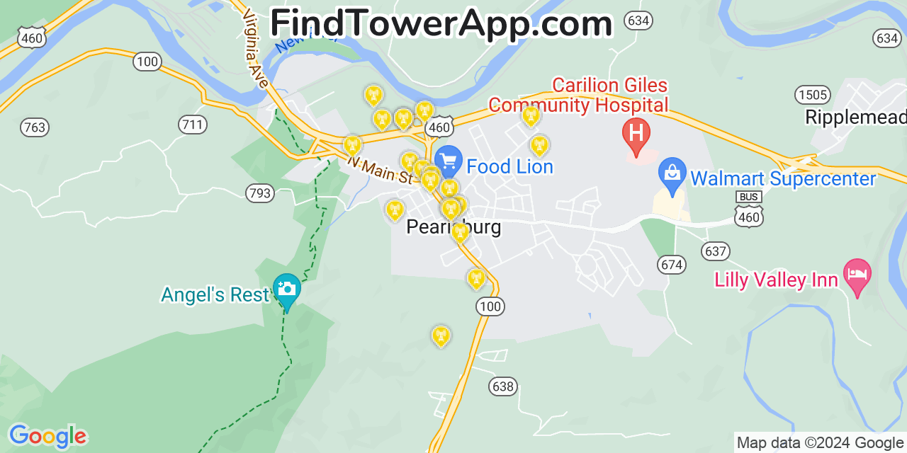 Verizon 4G/5G cell tower coverage map Pearisburg, Virginia
