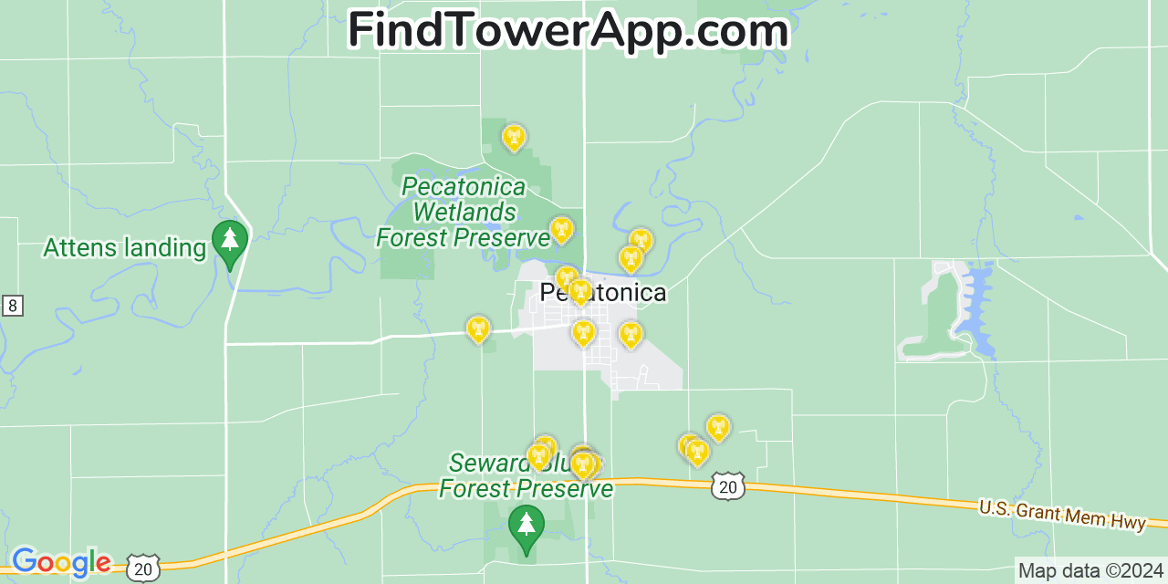 AT&T 4G/5G cell tower coverage map Pecatonica, Illinois