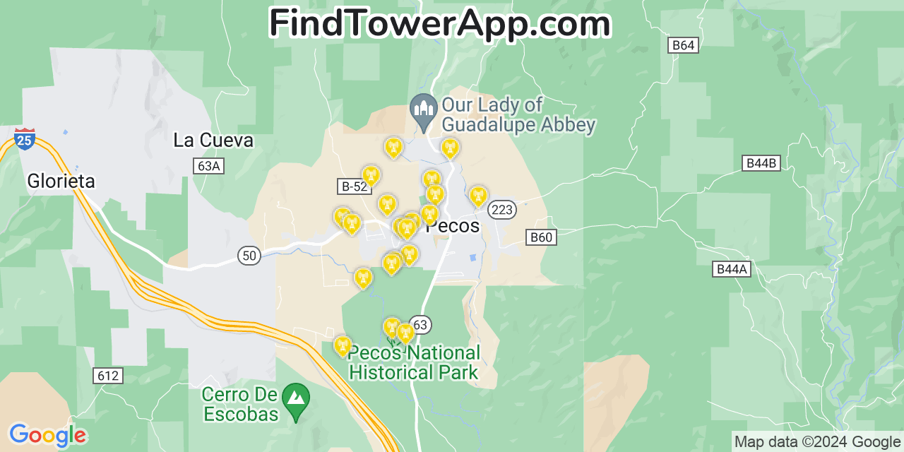 AT&T 4G/5G cell tower coverage map Pecos, New Mexico