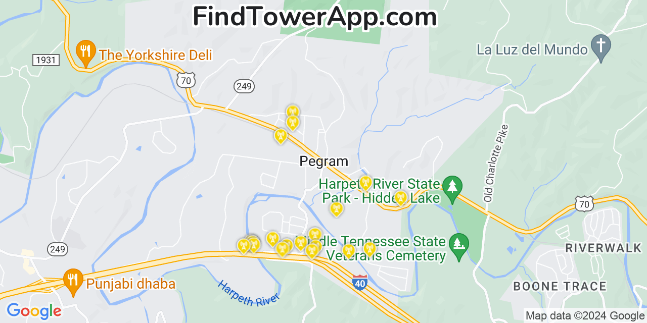 AT&T 4G/5G cell tower coverage map Pegram, Tennessee