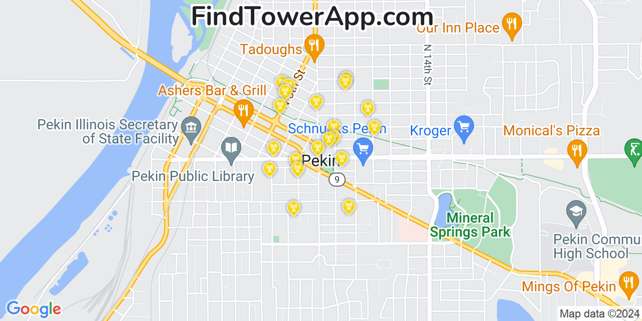 Verizon 4G/5G cell tower coverage map Pekin, Illinois