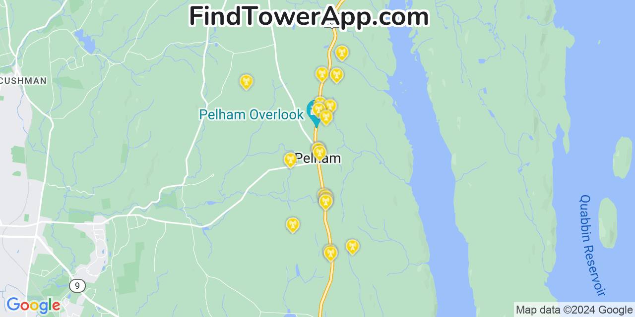 AT&T 4G/5G cell tower coverage map Pelham, Massachusetts