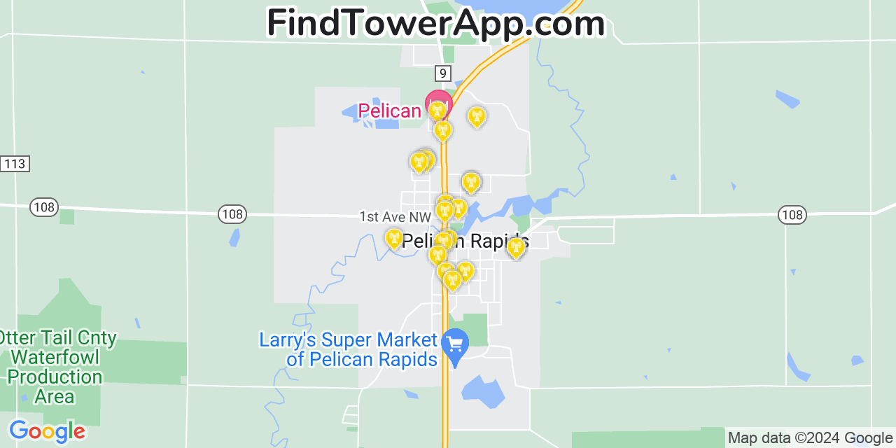 AT&T 4G/5G cell tower coverage map Pelican Rapids, Minnesota