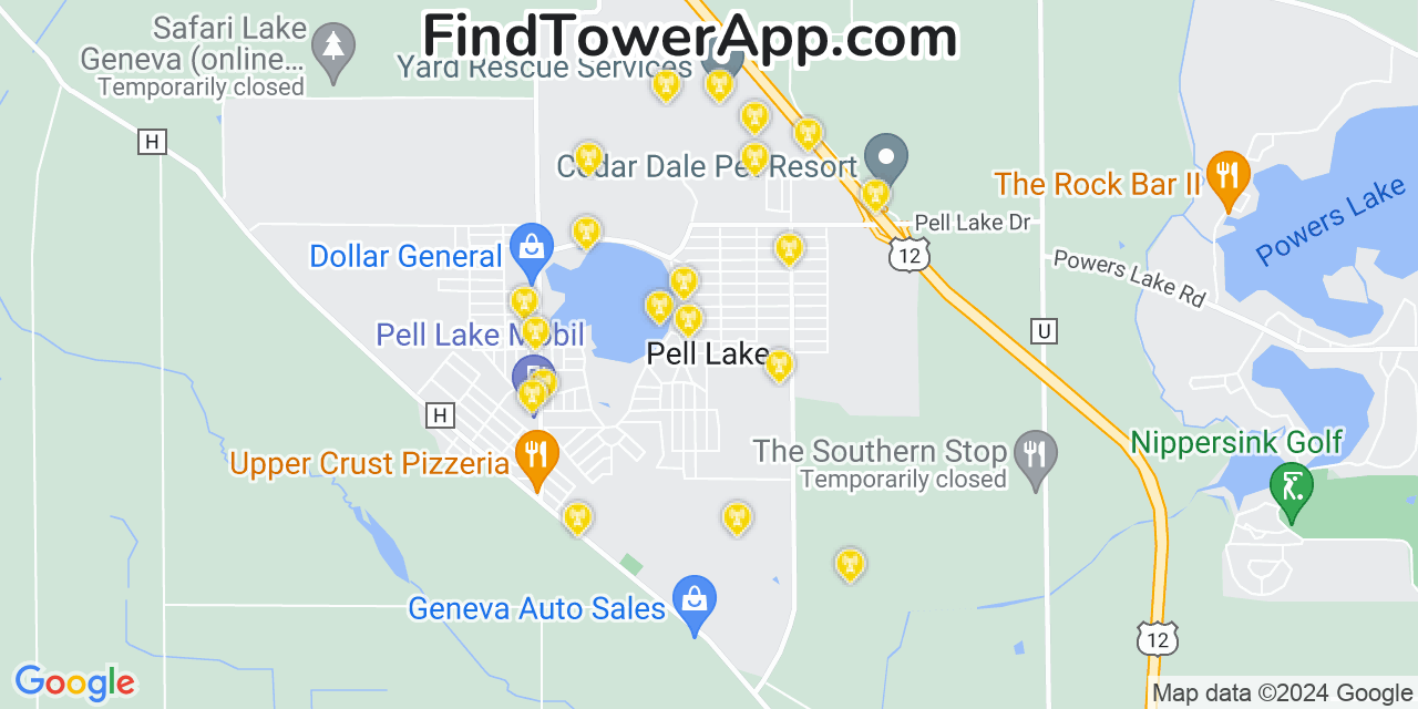 AT&T 4G/5G cell tower coverage map Pell Lake, Wisconsin