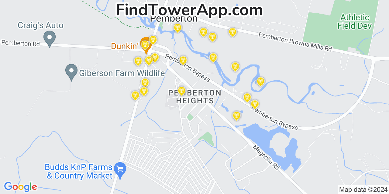 AT&T 4G/5G cell tower coverage map Pemberton Heights, New Jersey