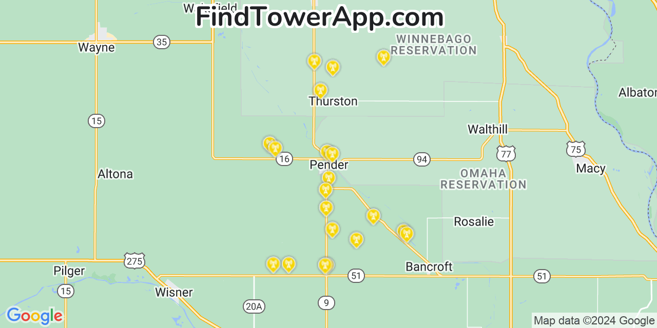AT&T 4G/5G cell tower coverage map Pender, Nebraska