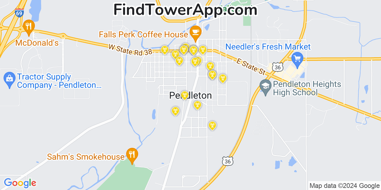 Verizon 4G/5G cell tower coverage map Pendleton, Indiana