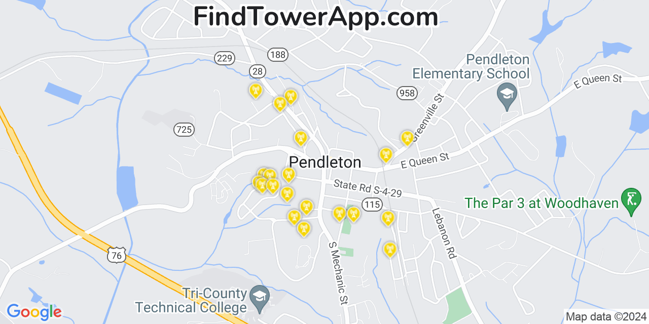 AT&T 4G/5G cell tower coverage map Pendleton, South Carolina