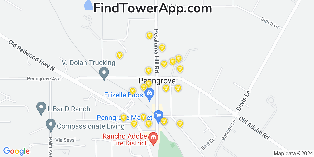 Verizon 4G/5G cell tower coverage map Penngrove, California