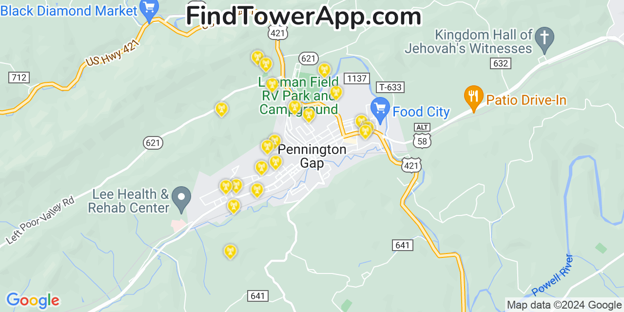 AT&T 4G/5G cell tower coverage map Pennington Gap, Virginia
