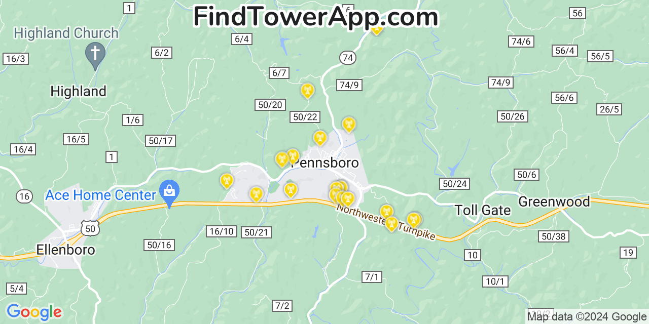 AT&T 4G/5G cell tower coverage map Pennsboro, West Virginia