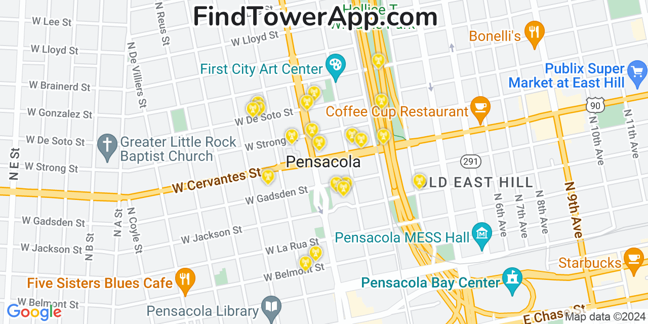 AT&T 4G/5G cell tower coverage map Pensacola, Florida