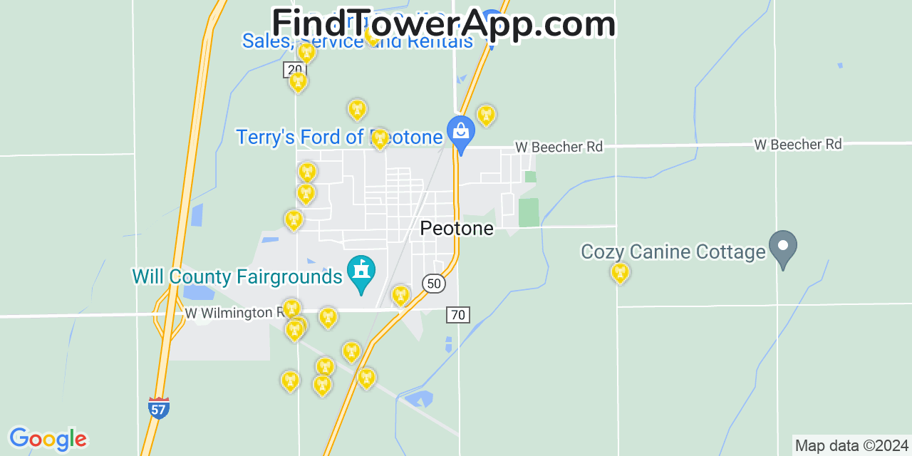 AT&T 4G/5G cell tower coverage map Peotone, Illinois