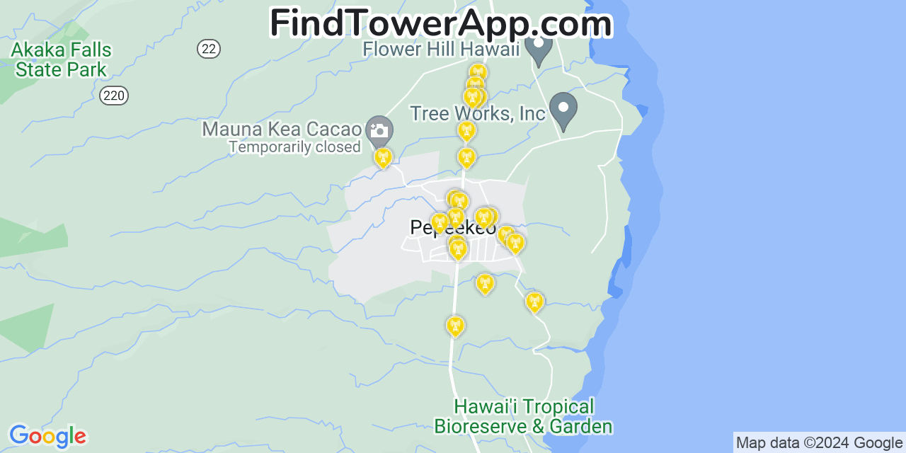 AT&T 4G/5G cell tower coverage map Pepeekeo, Hawaii