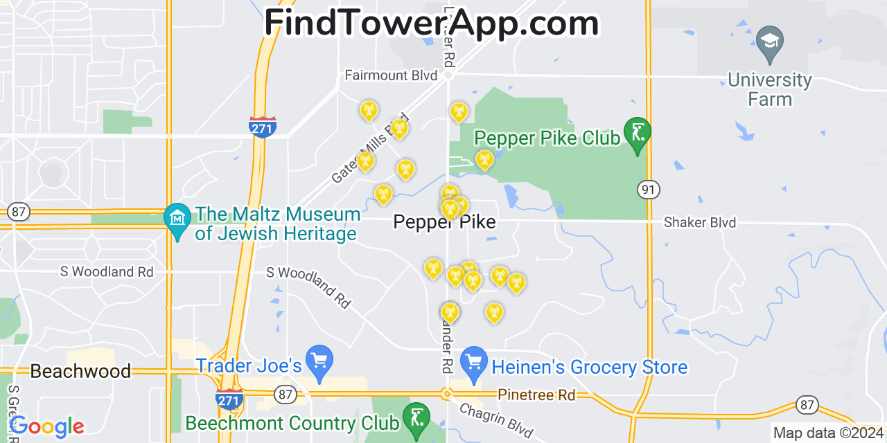 AT&T 4G/5G cell tower coverage map Pepper Pike, Ohio