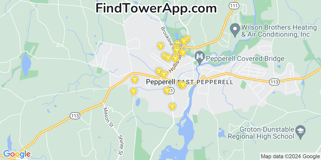 AT&T 4G/5G cell tower coverage map Pepperell, Massachusetts