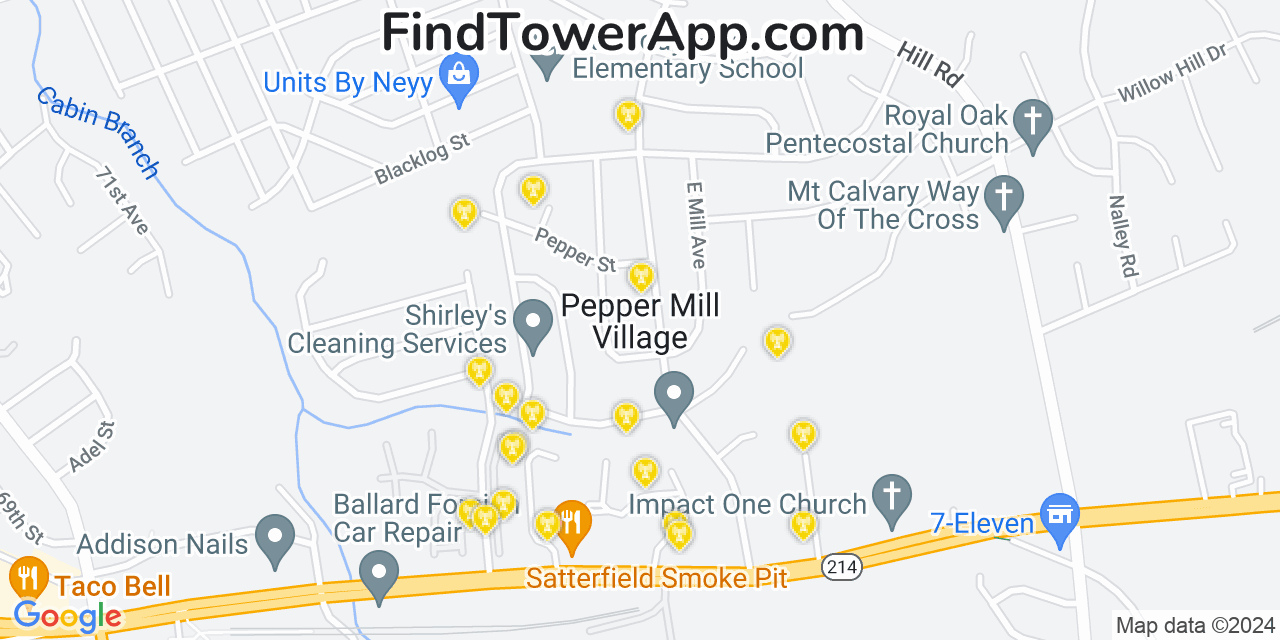 AT&T 4G/5G cell tower coverage map Peppermill Village, Maryland