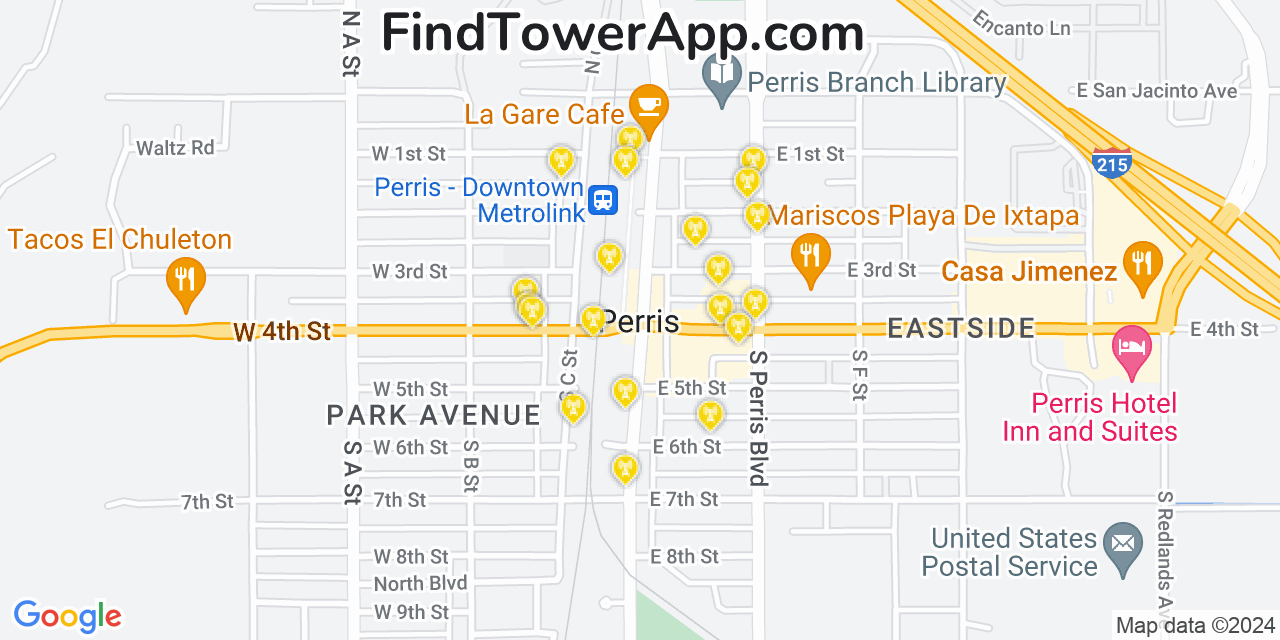 AT&T 4G/5G cell tower coverage map Perris, California