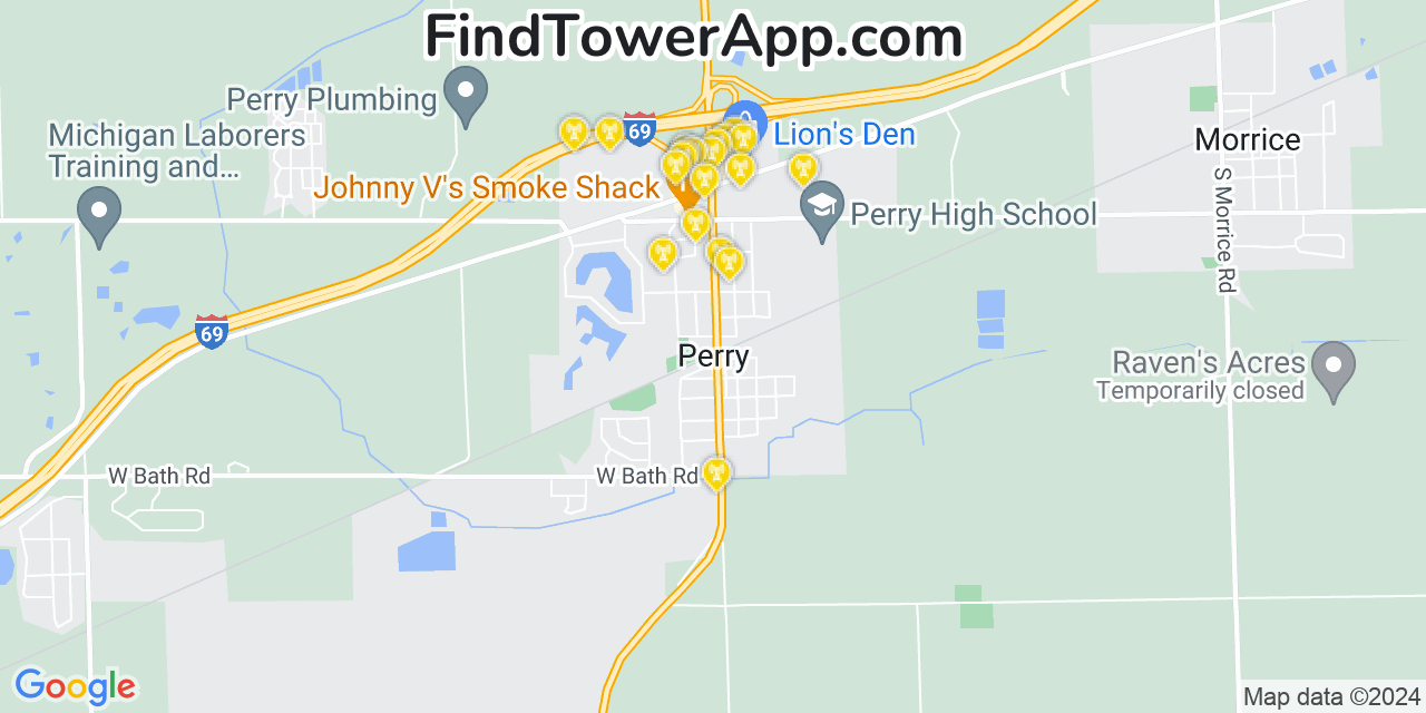 AT&T 4G/5G cell tower coverage map Perry, Michigan