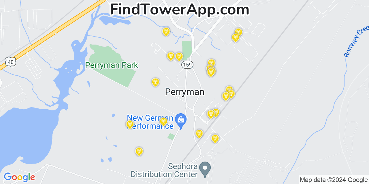 AT&T 4G/5G cell tower coverage map Perryman, Maryland
