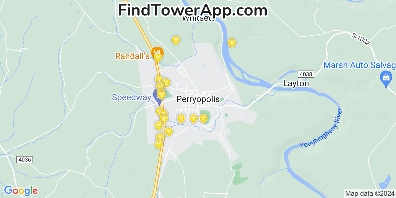 AT&T 4G/5G cell tower coverage map Perryopolis, Pennsylvania
