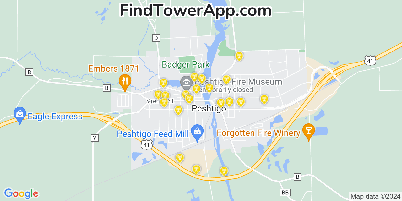 AT&T 4G/5G cell tower coverage map Peshtigo, Wisconsin