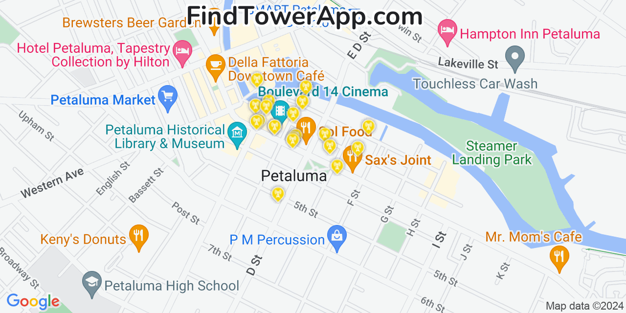 AT&T 4G/5G cell tower coverage map Petaluma, California